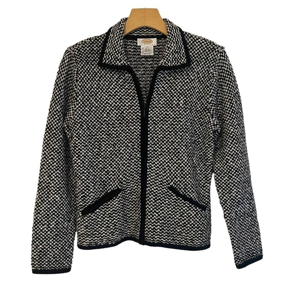 Talbots Full Zip Black White Wool Blend Cardigan Sweater Petite